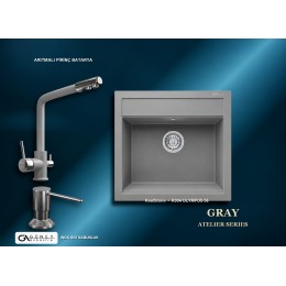 Güney Ankastre RealStone Gri Atelier Evye Batarya Seti - Olympos 56 K004 56x53 cm + Arıtmalı Pirinç Batarya + Inox Sıvı Sabunluk