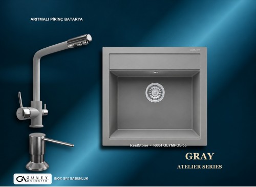 Güney Ankastre RealStone Gri Atelier Evye Batarya Seti - Olympos 56 K004 56x53 cm + Arıtmalı Pirinç Batarya + Inox Sıvı Sabunluk