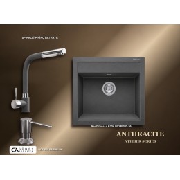 Güney Ankastre RealStone Antrasit Atelier Evye Batarya Seti - Olympos 56 K004 56x53 cm + Spiralli Pirinç Batarya + Inox Sıvı Sabunluk