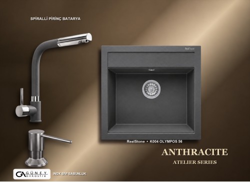Güney Ankastre RealStone Antrasit Atelier Evye Batarya Seti - Olympos 56 K004 56x53 cm + Spiralli Pirinç Batarya + Inox Sıvı Sabunluk