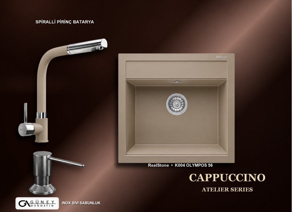 Güney Ankastre RealStone Cappuccino Atelier Evye Batarya Seti - Olympos 56 K004 56x53 cm + Spiralli Pirinç Batarya + Inox Sıvı Sabunluk Güney Ankastre RealStone Cappuccino Atelier Evye Batarya Seti - Olympos 56 K004 56x53 cm + Spiralli Pirinç Batarya + Inox Sıvı Sabunluk