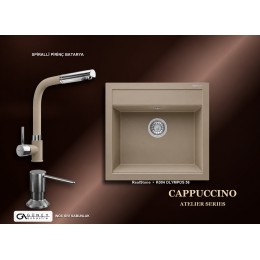 Güney Ankastre RealStone Cappuccino Atelier Evye Batarya Seti - Olympos 56 K004 56x53 cm + Spiralli Pirinç Batarya + Inox Sıvı Sabunluk