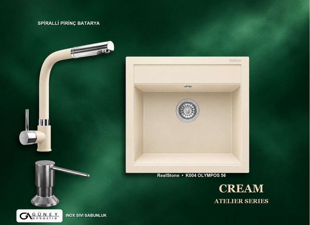 Güney Ankastre RealStone Krem Atelier Evye Batarya Seti - Olympos 56 K004 56x53 cm + Spiralli Pirinç Batarya + Inox Sıvı Sabunluk Güney Ankastre RealStone Krem Atelier Evye Batarya Seti - Olympos 56 K004 56x53 cm + Spiralli Pirinç Batarya + Inox Sıvı Sabunluk