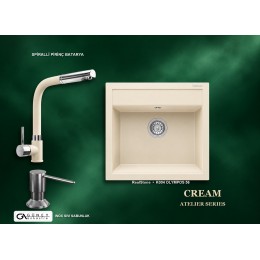Güney Ankastre RealStone Krem Atelier Evye Batarya Seti - Olympos 56 K004 56x53 cm + Spiralli Pirinç Batarya + Inox Sıvı Sabunluk