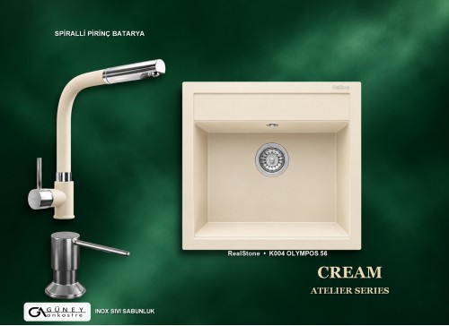 Güney Ankastre RealStone Krem Atelier Evye Batarya Seti - Olympos 56 K004 56x53 cm + Spiralli Pirinç Batarya + Inox Sıvı Sabunluk