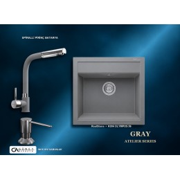 Güney Ankastre RealStone Gri Atelier Evye Batarya Seti - Olympos 56 K004 56x53 cm + Spiralli Pirinç Batarya + Inox Sıvı Sabunluk