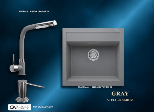 Güney Ankastre RealStone Gri Atelier Evye Batarya Seti - Olympos 56 K004 56x53 cm + Spiralli Pirinç Batarya + Inox Sıvı Sabunluk