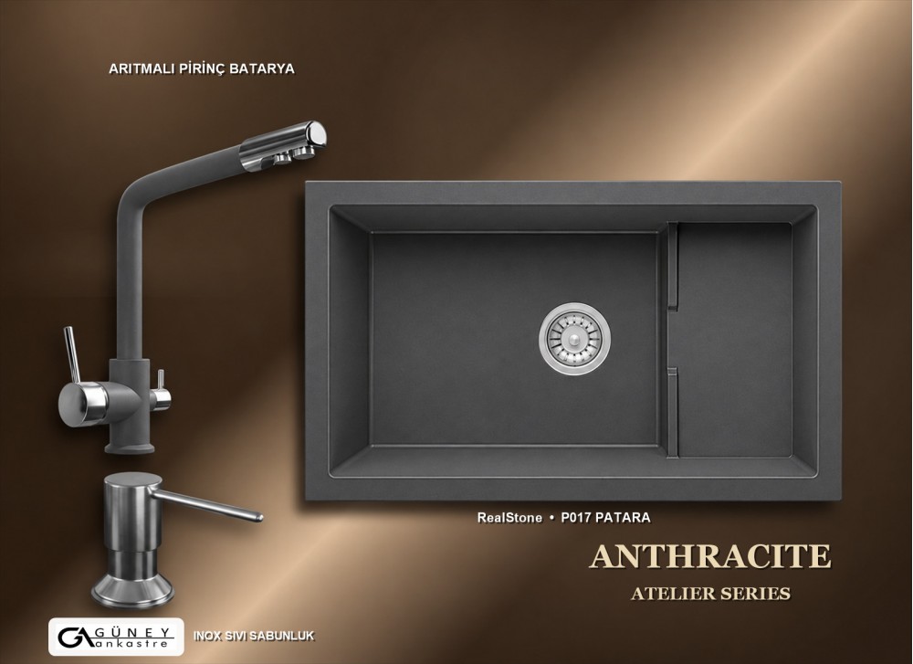 Güney Ankastre RealStone Antrasit Atelier Evye Batarya Seti - Patara P017 77x46 cm + Arıtmalı Pirinç Batarya + Inox Sıvı Sabunluk