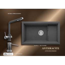 Güney Ankastre RealStone Antrasit Atelier Evye Batarya Seti - Patara P017 77x46 cm + Arıtmalı Pirinç Batarya + Inox Sıvı Sabunluk