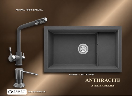 Güney Ankastre RealStone Antrasit Atelier Evye Batarya Seti - Patara P017 77x46 cm + Arıtmalı Pirinç Batarya + Inox Sıvı Sabunluk