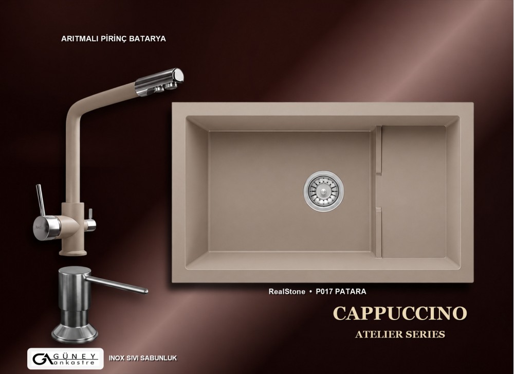 Güney Ankastre RealStone Cappuccino Atelier Evye Batarya Seti - Patara P017 77x46 cm + Arıtmalı Pirinç Batarya + Inox Sıvı Sabunluk Güney Ankastre RealStone Cappuccino Atelier Evye Batarya Seti - Patara P017 77x46 cm + Arıtmalı Pirinç Batarya + Inox Sıvı Sabunluk