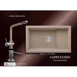 Güney Ankastre RealStone Cappuccino Atelier Evye Batarya Seti - Patara P017 77x46 cm + Arıtmalı Pirinç Batarya + Inox Sıvı Sabunluk