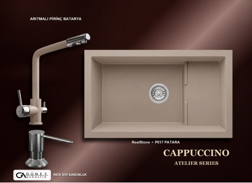Güney Ankastre RealStone Cappuccino Atelier Evye Batarya Seti - Patara P017 77x46 cm + Arıtmalı Pirinç Batarya + Inox Sıvı Sabunluk