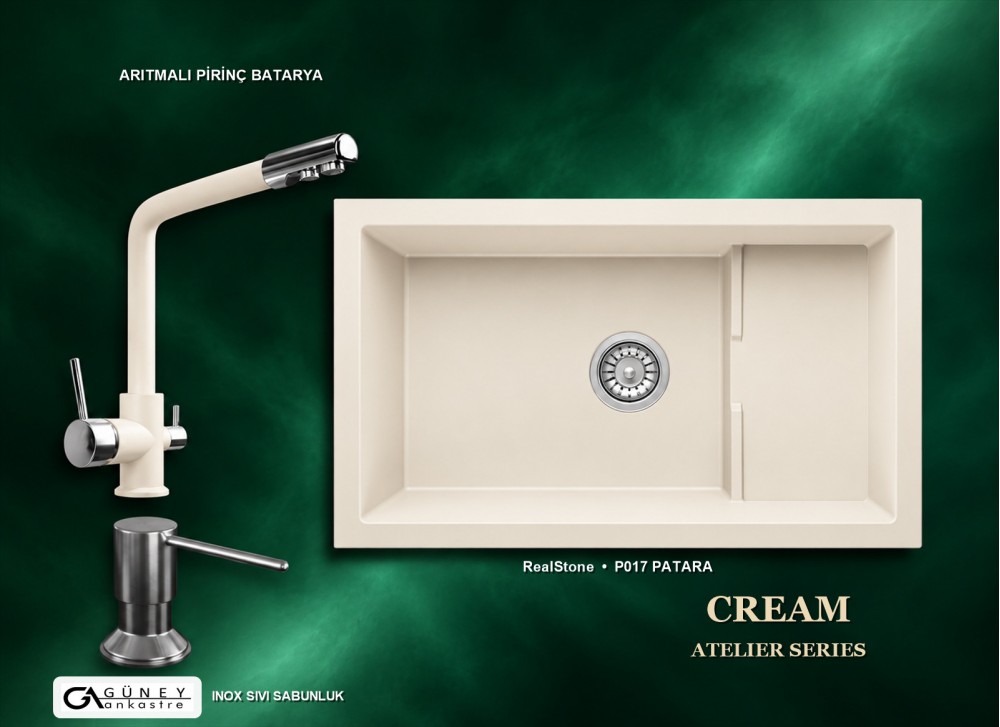 Güney Ankastre RealStone Krem Atelier Evye Batarya Seti - Patara P017 77x46 cm + Arıtmalı Pirinç Batarya + Inox Sıvı Sabunluk Güney Ankastre RealStone Krem Atelier Evye Batarya Seti - Patara P017 77x46 cm + Arıtmalı Pirinç Batarya + Inox Sıvı Sabunluk