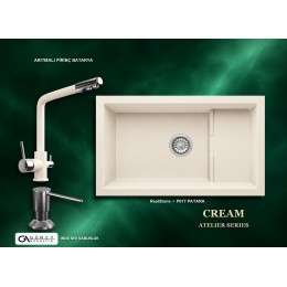 Güney Ankastre RealStone Krem Atelier Evye Batarya Seti - Patara P017 77x46 cm + Arıtmalı Pirinç Batarya + Inox Sıvı Sabunluk