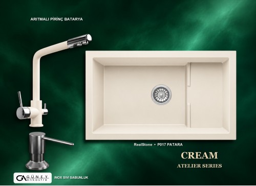Güney Ankastre RealStone Krem Atelier Evye Batarya Seti - Patara P017 77x46 cm + Arıtmalı Pirinç Batarya + Inox Sıvı Sabunluk
