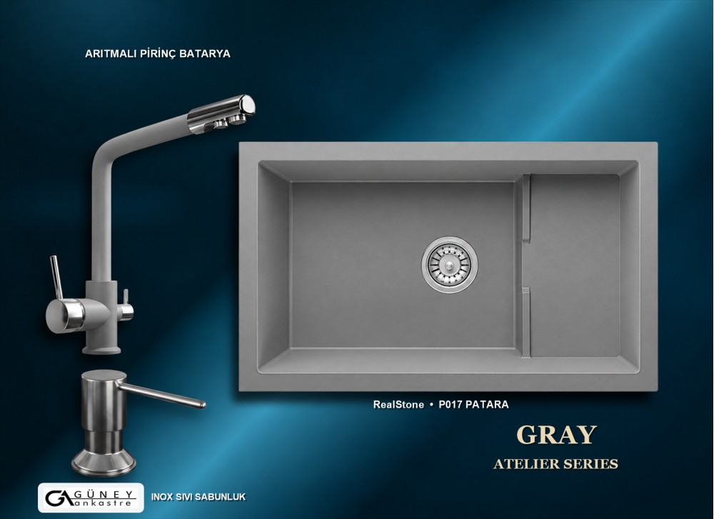 Güney Ankastre RealStone Gri Atelier Evye Batarya Seti - Patara P017 77x46 cm + Arıtmalı Pirinç Batarya + Inox Sıvı Sabunluk Güney Ankastre RealStone Gri Atelier Evye Batarya Seti - Patara P017 77x46 cm + Arıtmalı Pirinç Batarya + Inox Sıvı Sabunluk