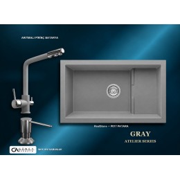 Güney Ankastre RealStone Gri Atelier Evye Batarya Seti - Patara P017 77x46 cm + Arıtmalı Pirinç Batarya + Inox Sıvı Sabunluk