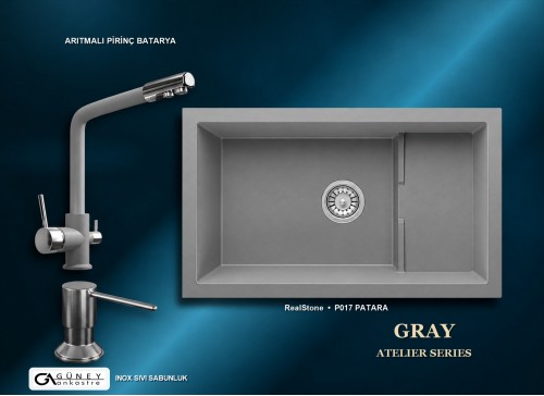 Güney Ankastre RealStone Gri Atelier Evye Batarya Seti - Patara P017 77x46 cm + Arıtmalı Pirinç Batarya + Inox Sıvı Sabunluk