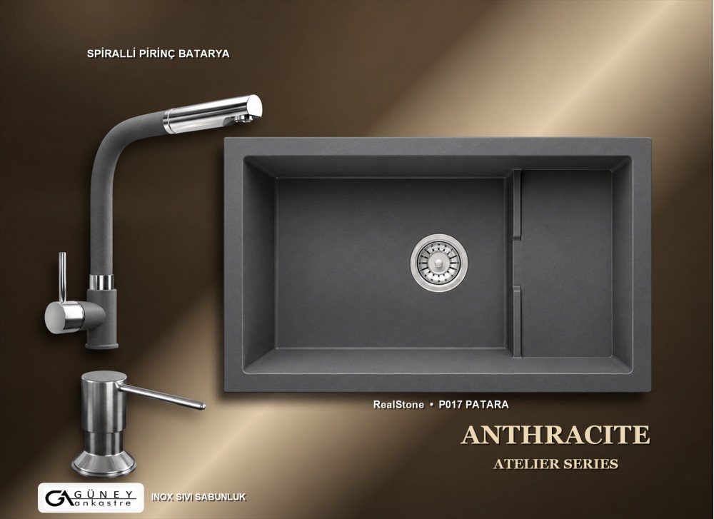 Güney Ankastre RealStone Antrasit Atelier Evye Batarya Seti - Patara P017 77x46 cm + Spiralli Pirinç Batarya + Inox Sıvı Sabunluk