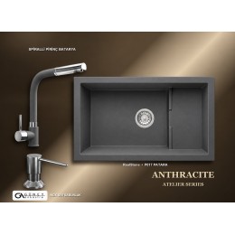 Güney Ankastre RealStone Antrasit Atelier Evye Batarya Seti - Patara P017 77x46 cm + Spiralli Pirinç Batarya + Inox Sıvı Sabunluk