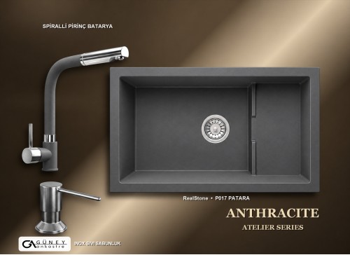 Güney Ankastre RealStone Antrasit Atelier Evye Batarya Seti - Patara P017 77x46 cm + Spiralli Pirinç Batarya + Inox Sıvı Sabunluk