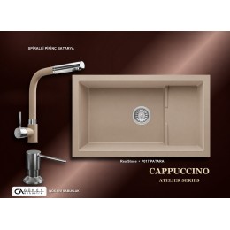 Güney Ankastre RealStone Cappuccino Atelier Evye Batarya Seti - Patara P017 77x46 cm + Spiralli Pirinç Batarya + Inox Sıvı Sabunluk