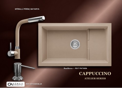 Güney Ankastre RealStone Cappuccino Atelier Evye Batarya Seti - Patara P017 77x46 cm + Spiralli Pirinç Batarya + Inox Sıvı Sabunluk