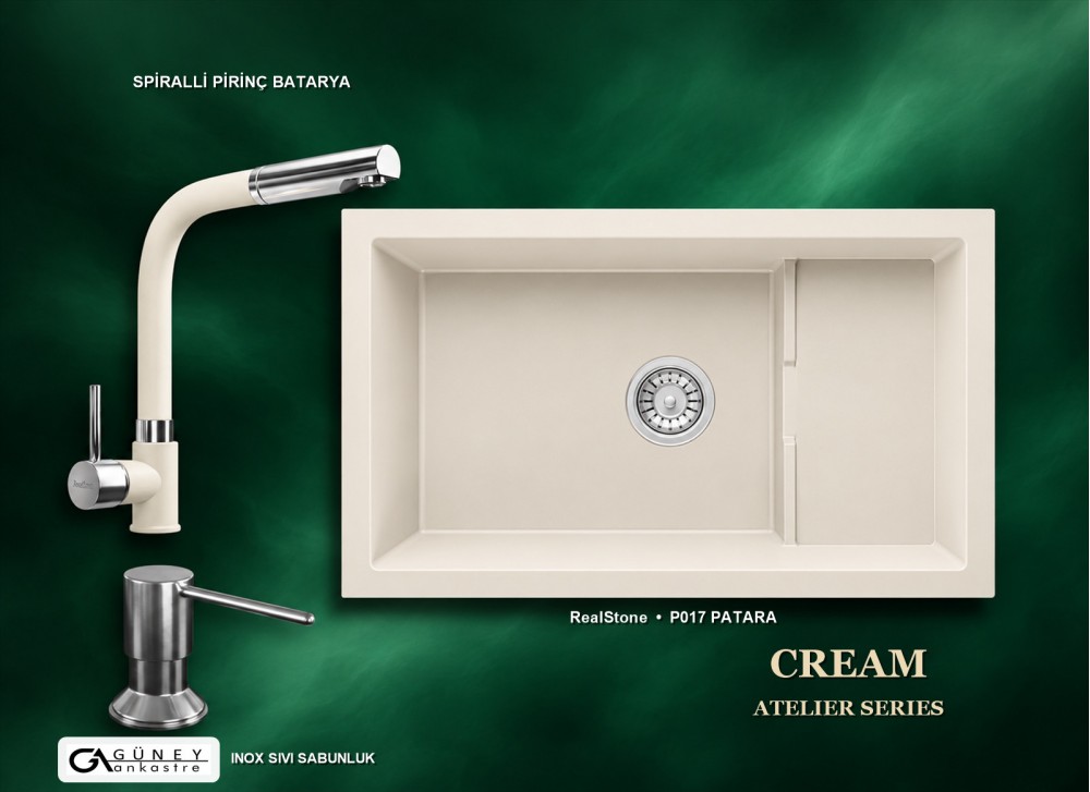 Güney Ankastre RealStone Krem Atelier Evye Batarya Seti - Patara P017 77x46 cm + Spiralli Pirinç Batarya + Inox Sıvı Sabunluk Güney Ankastre RealStone Krem Atelier Evye Batarya Seti - Patara P017 77x46 cm + Spiralli Pirinç Batarya + Inox Sıvı Sabunluk
