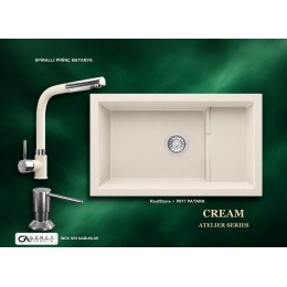Güney Ankastre RealStone Krem Atelier Evye Batarya Seti - Patara P017 77x46 cm + Spiralli Pirinç Batarya + Inox Sıvı Sabunluk
