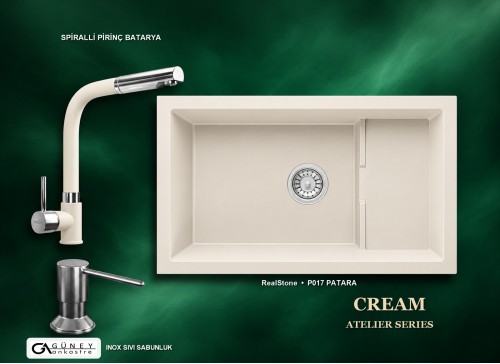 Güney Ankastre RealStone Krem Atelier Evye Batarya Seti - Patara P017 77x46 cm + Spiralli Pirinç Batarya + Inox Sıvı Sabunluk