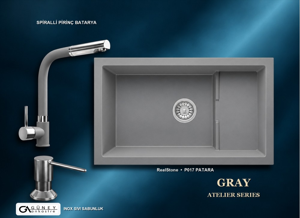 Güney Ankastre RealStone Gri Atelier Evye Batarya Seti - Patara P017 77x46 cm + Spiralli Pirinç Batarya + Inox Sıvı Sabunluk Güney Ankastre RealStone Gri Atelier Evye Batarya Seti - Patara P017 77x46 cm + Spiralli Pirinç Batarya + Inox Sıvı Sabunluk