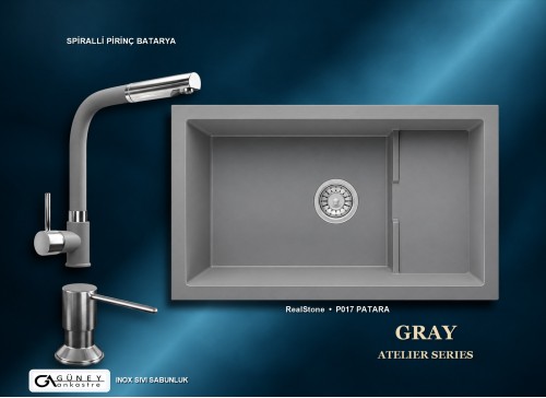 Güney Ankastre RealStone Gri Atelier Evye Batarya Seti - Patara P017 77x46 cm + Spiralli Pirinç Batarya + Inox Sıvı Sabunluk