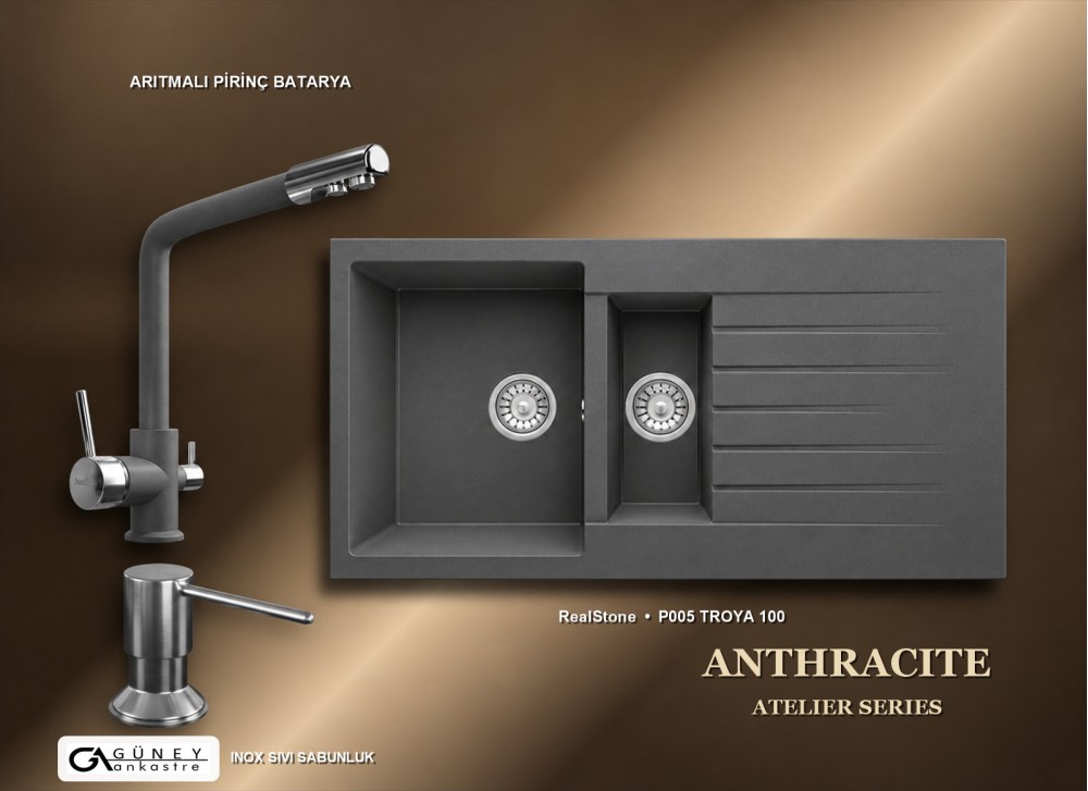 Güney Ankastre RealStone Antrasit Atelier Evye Batarya Seti - Troya 100 P005 100x50 cm + Arıtmalı Pirinç Batarya + Inox Sıvı Sabunluk