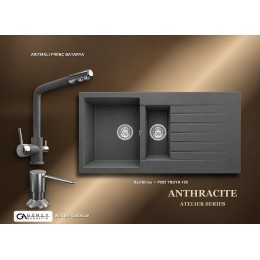 Güney Ankastre RealStone Antrasit Atelier Evye Batarya Seti - Troya 100 P005 100x50 cm + Arıtmalı Pirinç Batarya + Inox Sıvı Sabunluk