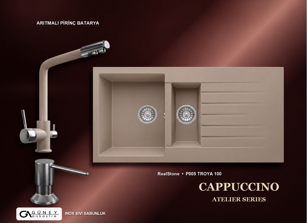 Güney Ankastre RealStone Cappuccino Atelier Evye Batarya Seti - Troya 100 P005 100x50 cm + Arıtmalı Pirinç Batarya + Inox Sıvı Sabunluk Güney Ankastre RealStone Cappuccino Atelier Evye Batarya Seti - Troya 100 P005 100x50 cm + Arıtmalı Pirinç Batarya + Inox Sıvı Sabunluk