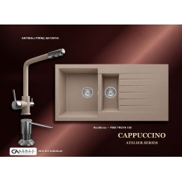 Güney Ankastre RealStone Cappuccino Atelier Evye Batarya Seti - Troya 100 P005 100x50 cm + Arıtmalı Pirinç Batarya + Inox Sıvı Sabunluk