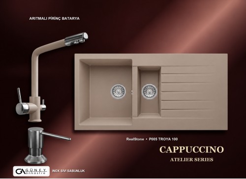 Güney Ankastre RealStone Cappuccino Atelier Evye Batarya Seti - Troya 100 P005 100x50 cm + Arıtmalı Pirinç Batarya + Inox Sıvı Sabunluk