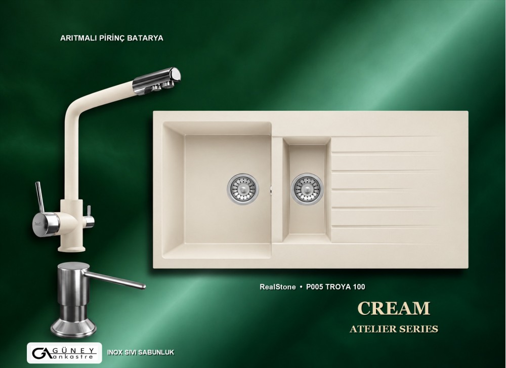 Güney Ankastre RealStone Krem Atelier Evye Batarya Seti - Troya 100 P005 100x50 cm + Arıtmalı Pirinç Batarya + Inox Sıvı Sabunluk Güney Ankastre RealStone Krem Atelier Evye Batarya Seti - Troya 100 P005 100x50 cm + Arıtmalı Pirinç Batarya + Inox Sıvı Sabunluk