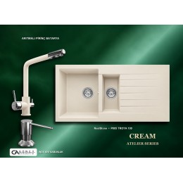 Güney Ankastre RealStone Krem Atelier Evye Batarya Seti - Troya 100 P005 100x50 cm + Arıtmalı Pirinç Batarya + Inox Sıvı Sabunluk