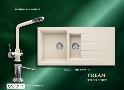 Güney Ankastre RealStone Krem Atelier Evye Batarya Seti - Troya 100 P005 100x50 cm + Arıtmalı Pirinç Batarya + Inox Sıvı Sabunluk