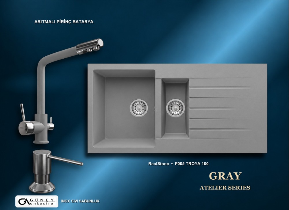 Güney Ankastre RealStone Gri Atelier Evye Batarya Seti - Troya 100 P005 100x50 cm + Arıtmalı Pirinç Batarya + Inox Sıvı Sabunluk
