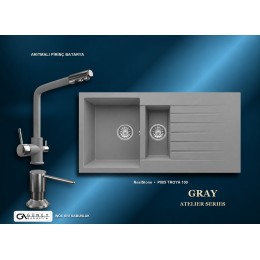 Güney Ankastre RealStone Gri Atelier Evye Batarya Seti - Troya 100 P005 100x50 cm + Arıtmalı Pirinç Batarya + Inox Sıvı Sabunluk