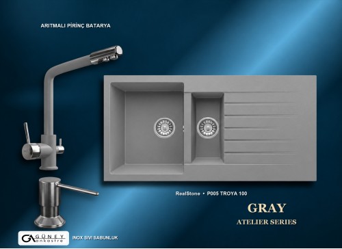 Güney Ankastre RealStone Gri Atelier Evye Batarya Seti - Troya 100 P005 100x50 cm + Arıtmalı Pirinç Batarya + Inox Sıvı Sabunluk