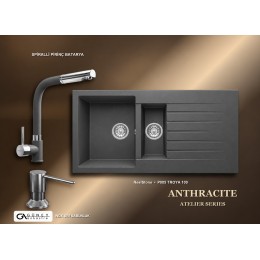Güney Ankastre RealStone Antrasit Atelier Evye Batarya Seti - Troya 100 P005 100x50 cm + Spiralli Pirinç Batarya + Inox Sıvı Sabunluk