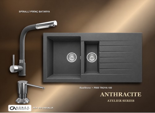 Güney Ankastre RealStone Antrasit Atelier Evye Batarya Seti - Troya 100 P005 100x50 cm + Spiralli Pirinç Batarya + Inox Sıvı Sabunluk
