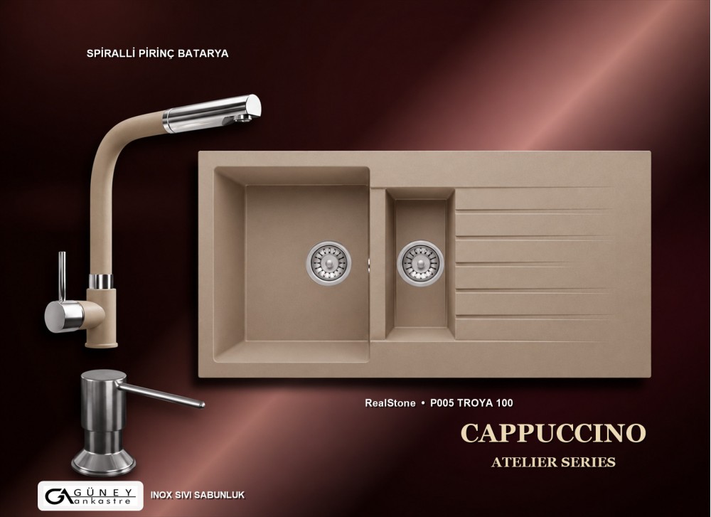 Güney Ankastre RealStone Cappuccino Atelier Evye Batarya Seti - Troya 100 P005 100x50 cm + Spiralli Pirinç Batarya + Inox Sıvı Sabunluk Güney Ankastre RealStone Cappuccino Atelier Evye Batarya Seti - Troya 100 P005 100x50 cm + Spiralli Pirinç Batarya + Inox Sıvı Sabunluk
