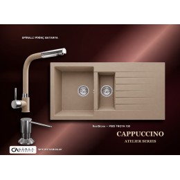 Güney Ankastre RealStone Cappuccino Atelier Evye Batarya Seti - Troya 100 P005 100x50 cm + Spiralli Pirinç Batarya + Inox Sıvı Sabunluk