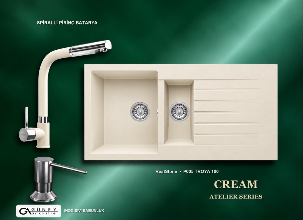 Güney Ankastre RealStone Krem Atelier Evye Batarya Seti - Troya 100 P005 100x50 cm + Spiralli Pirinç Batarya + Inox Sıvı Sabunluk Güney Ankastre RealStone Krem Atelier Evye Batarya Seti - Troya 100 P005 100x50 cm + Spiralli Pirinç Batarya + Inox Sıvı Sabunluk