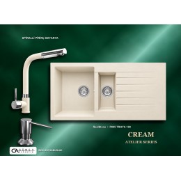 Güney Ankastre RealStone Krem Atelier Evye Batarya Seti - Troya 100 P005 100x50 cm + Spiralli Pirinç Batarya + Inox Sıvı Sabunluk